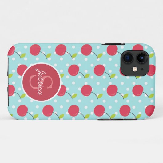 Cherry en Blue Polka Dot Pattern gepersonaliseerd Case-Mate iPhone Case (Achterkant (horizontaal))