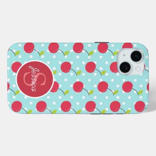 Cherry en Blue Polka Dot Pattern gepersonaliseerd Case-Mate iPhone Case (Achterkant (horizontaal))