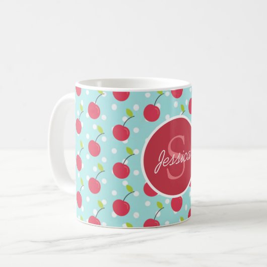 Cherry en Blue Polka Dot Pattern gepersonaliseerd Koffiemok (Voorkant links)