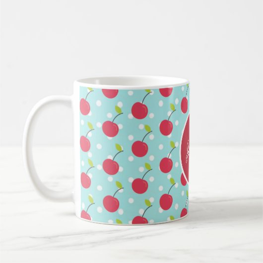 Cherry en Blue Polka Dot Pattern gepersonaliseerd Koffiemok (Links)