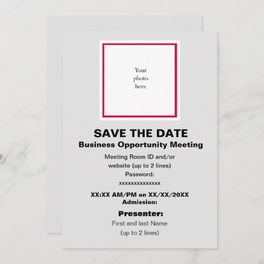 Cherry en Lt. Grey Virtual Bus. Opp. Mtng Save The Date (Voorkant / Achterkant)