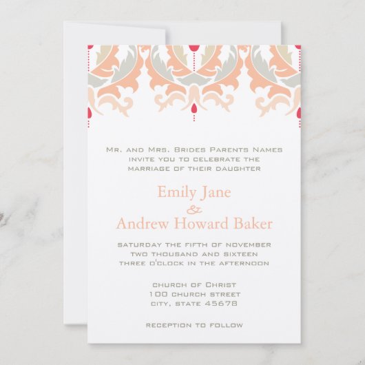 Cherry en Peach Damask Wedding Invitation Kaart (Voorkant)