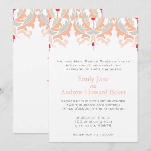 Cherry en Peach Damask Wedding Invitation Kaart (Voorkant / Achterkant)