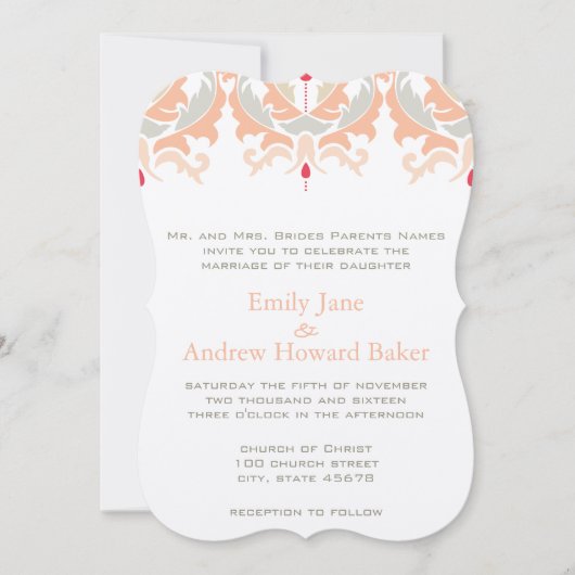 Cherry en Peach Damask Wedding Invitation Kaart (Voorkant)