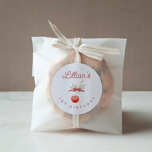 Cherry en rood lint verjaardagsfeestje ronde sticker