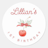 Cherry en rood lint verjaardagsfeestje ronde sticker (Voorkant)