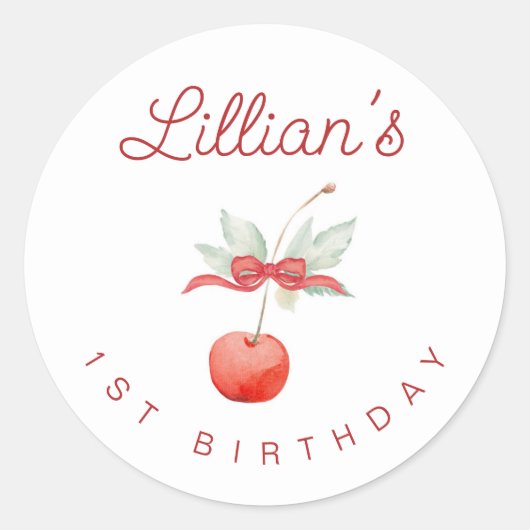 Cherry en rood lint verjaardagsfeestje ronde sticker (Voorkant)