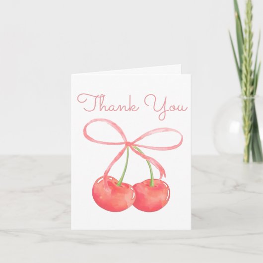 Cherry en Roze Lint Waterverf Meisje Baby shower Bedankkaart (Voorkant)