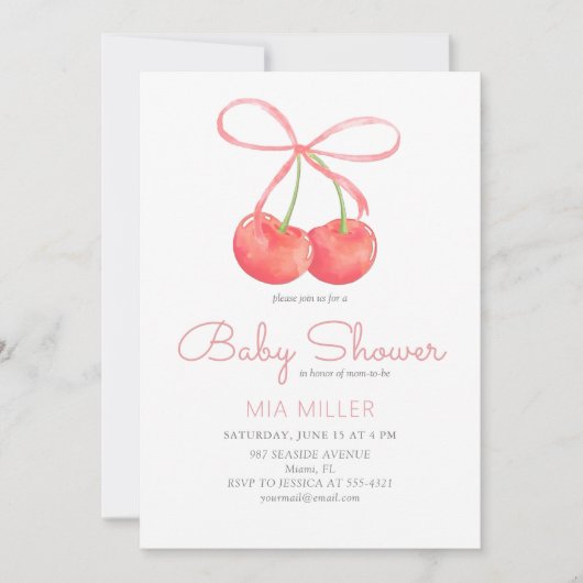 Cherry en Roze Lint Waterverf Meisje Baby shower Kaart (Voorkant)