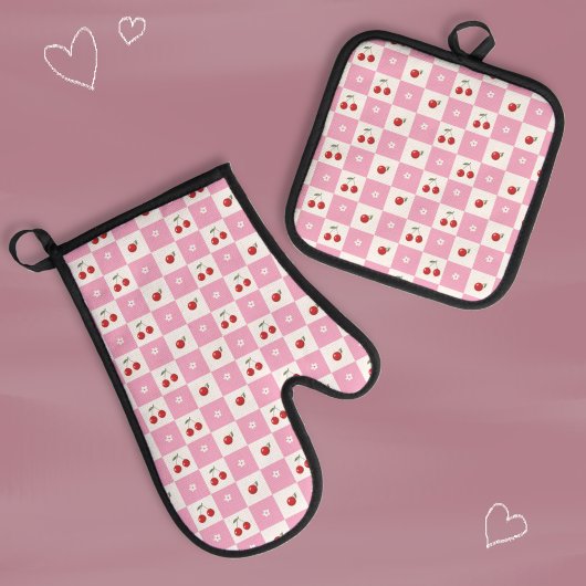 Cherry en Tiny Blossom Roze Gingham Patroon Ovenwant & Pannenlap Set