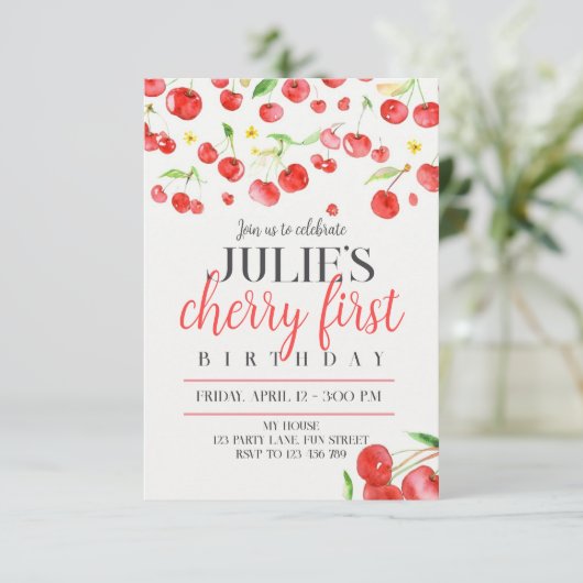 Cherry first birthday aankondiging (Staand voorkant)
