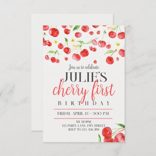 Cherry first birthday aankondiging (Voorkant / Achterkant)
