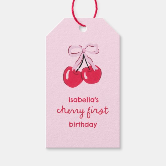 Cherry First Birthday Coquette Boog Favoriet Cadeaulabel (Voorkant)