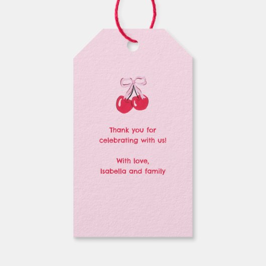 Cherry First Birthday Coquette Boog Favoriet Cadeaulabel (Achterkant)