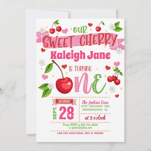Cherry First Birthday Invitation Kaart (Voorkant)