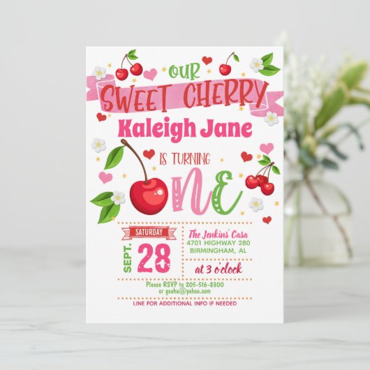 Cherry First Birthday Invitation Kaart (Staand voorkant)