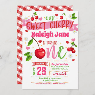 Cherry First Birthday Invitation Kaart