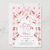 Cherry First Birthday Party Coquette Verjaardag Kaart (Voorkant)