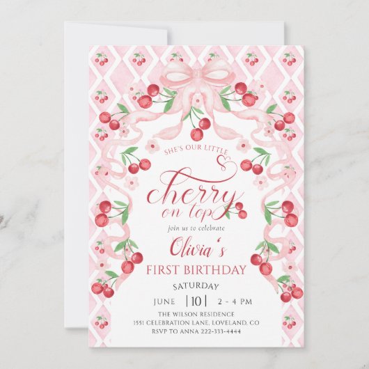Cherry First Birthday Party Coquette Verjaardag Kaart (Voorkant)