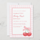 Cherry First Birthday Pink Gingham Girls One Year  Kaart (Voorkant)
