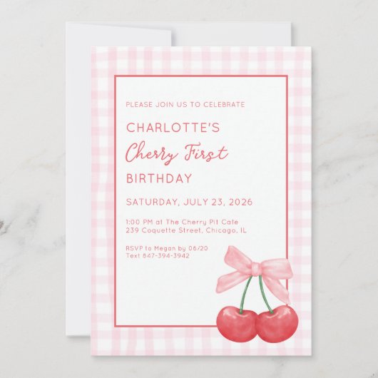 Cherry First Birthday Pink Gingham Girls One Year  Kaart (Voorkant)