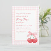 Cherry First Birthday Pink Gingham Girls One Year  Kaart (Staand voorkant)