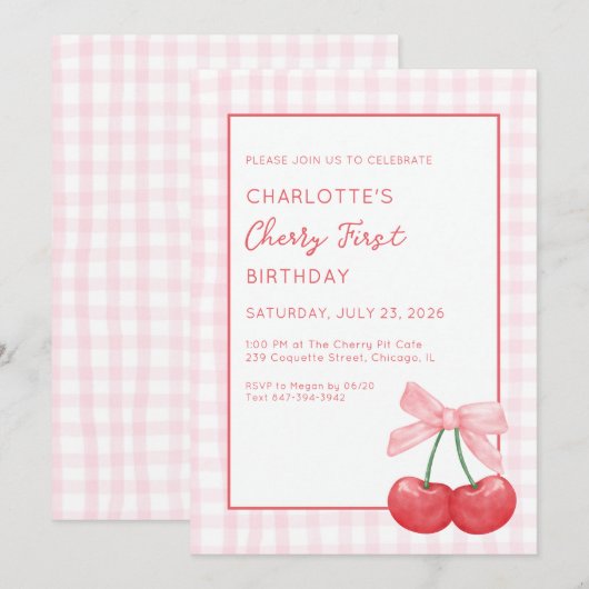 Cherry First Birthday Pink Gingham Girls One Year  Kaart (Voorkant / Achterkant)