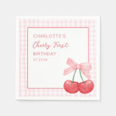Cherry First Birthday Pink Gingham Girls One Year  Servet (Voorkant)