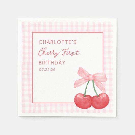Cherry First Birthday Pink Gingham Girls One Year  Servet (Voorkant)