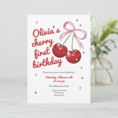 Cherry First Coquette Bow Pink Girl Verjaardag Kaart (Staand voorkant)