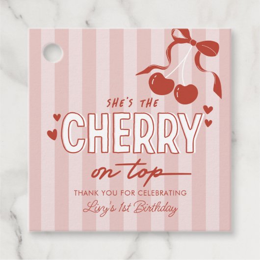 Cherry First Coquette Meisjes 1e verjaardag Bedankjes Labels (Voorkant)
