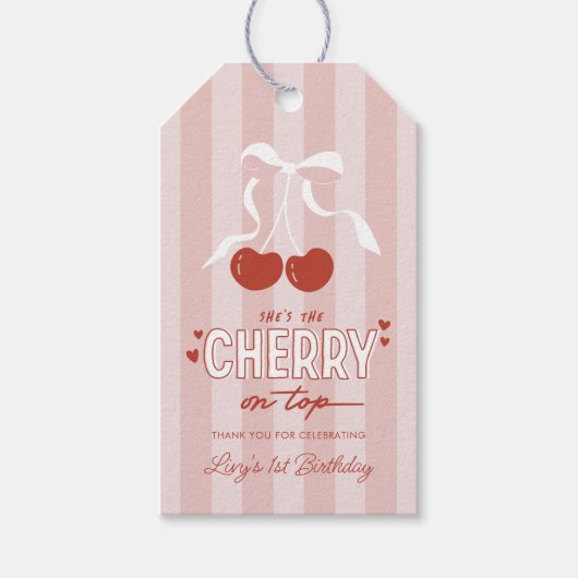 Cherry First Coquette Meisjes 1e verjaardag gunst Cadeaulabel (Voorkant)