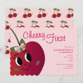 Cherry First Girl Schattige Cartoon Sweet 1st Birt Kaart (Voorkant / Achterkant)