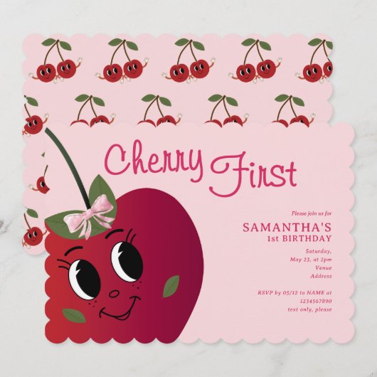Cherry First Girl Schattige Cartoon Sweet 1st Birt Kaart (Voorkant / Achterkant)