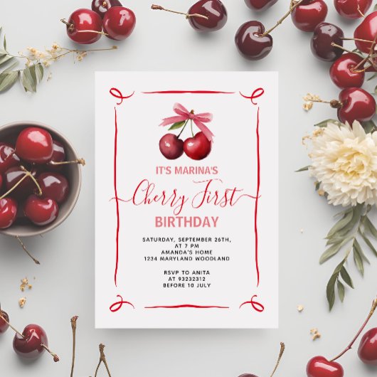Cherry First Pink Bow verjaardagsfeestje uitnodigi Kaart