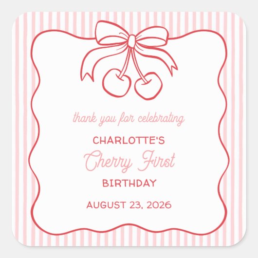 "Cherry First" Verjaardag Roze Dank je wel Vierkante Sticker (Voorkant)