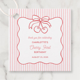 "Cherry First" Verjaardag Roze Streep Bow Dank u Bedankjes Labels