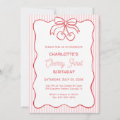 "Cherry First" Verjaardag Roze Streep Bow Girly Kaart (Voorkant)