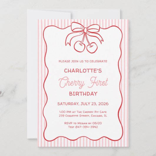 "Cherry First" Verjaardag Roze Streep Bow Girly Kaart (Voorkant)
