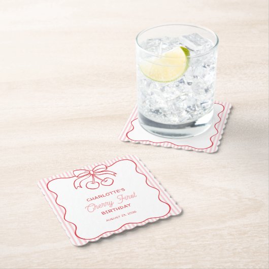 "Cherry First" Verjaardag Roze Streep Bow Girly Kartonnen Onderzetters (Insitu)
