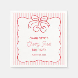 "Cherry First" Verjaardag Roze Streep Bow Girly Servet