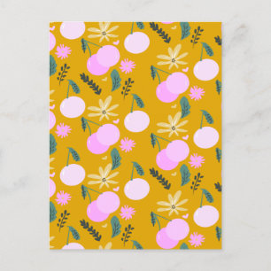 Cherry Floral Greenery Pattern Yellow Pink Briefkaart