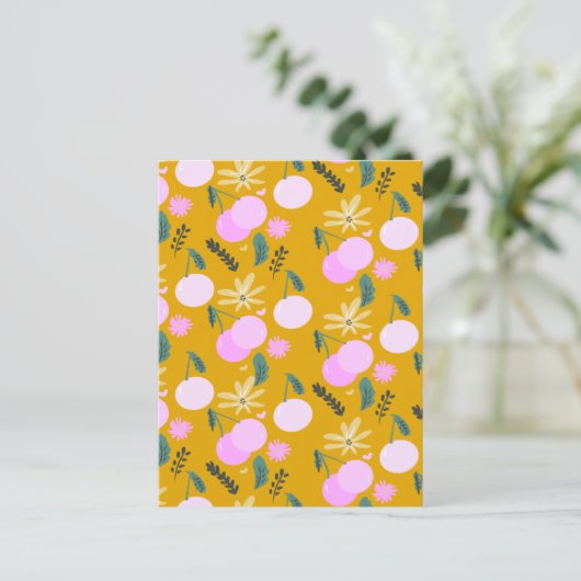 Cherry Floral Greenery Pattern Yellow Pink Briefkaart (Staand voorkant)