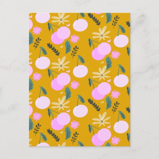 Cherry Floral Greenery Pattern Yellow Pink Briefkaart (Voorkant)