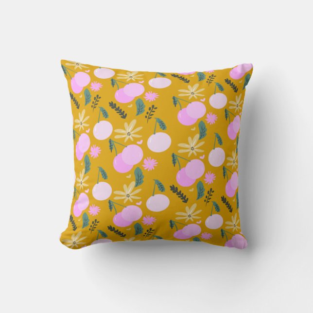 Cherry Floral Greenery Pattern Yellow Pink Kussen (Voorkant)