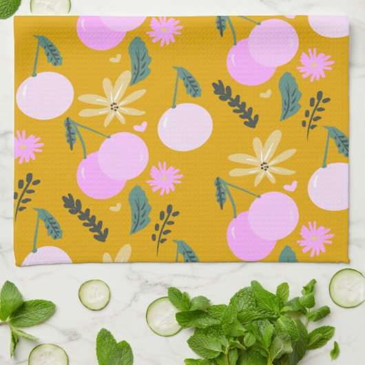 Cherry Floral Greenery Pattern Yellow Pink Theedoek (Gevouwen)