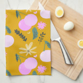 Cherry Floral Greenery Pattern Yellow Pink Theedoek (Quarter Fold)