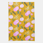 Cherry Floral Greenery Pattern Yellow Pink Theedoek (Verticaal)