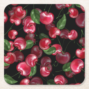 Cherry Fruit op zwart Kartonnen Onderzetters