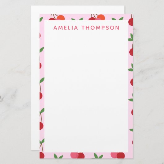 Cherry Fruit Pattern in roze and Red Personalized Briefpapier (Voorkant / Achterkant)
